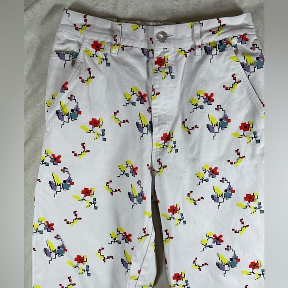 Obey Women’s Size 27 White Carpenter Cotton Pants with 8-Bit Floral Print Bug - Picture 5 of 13